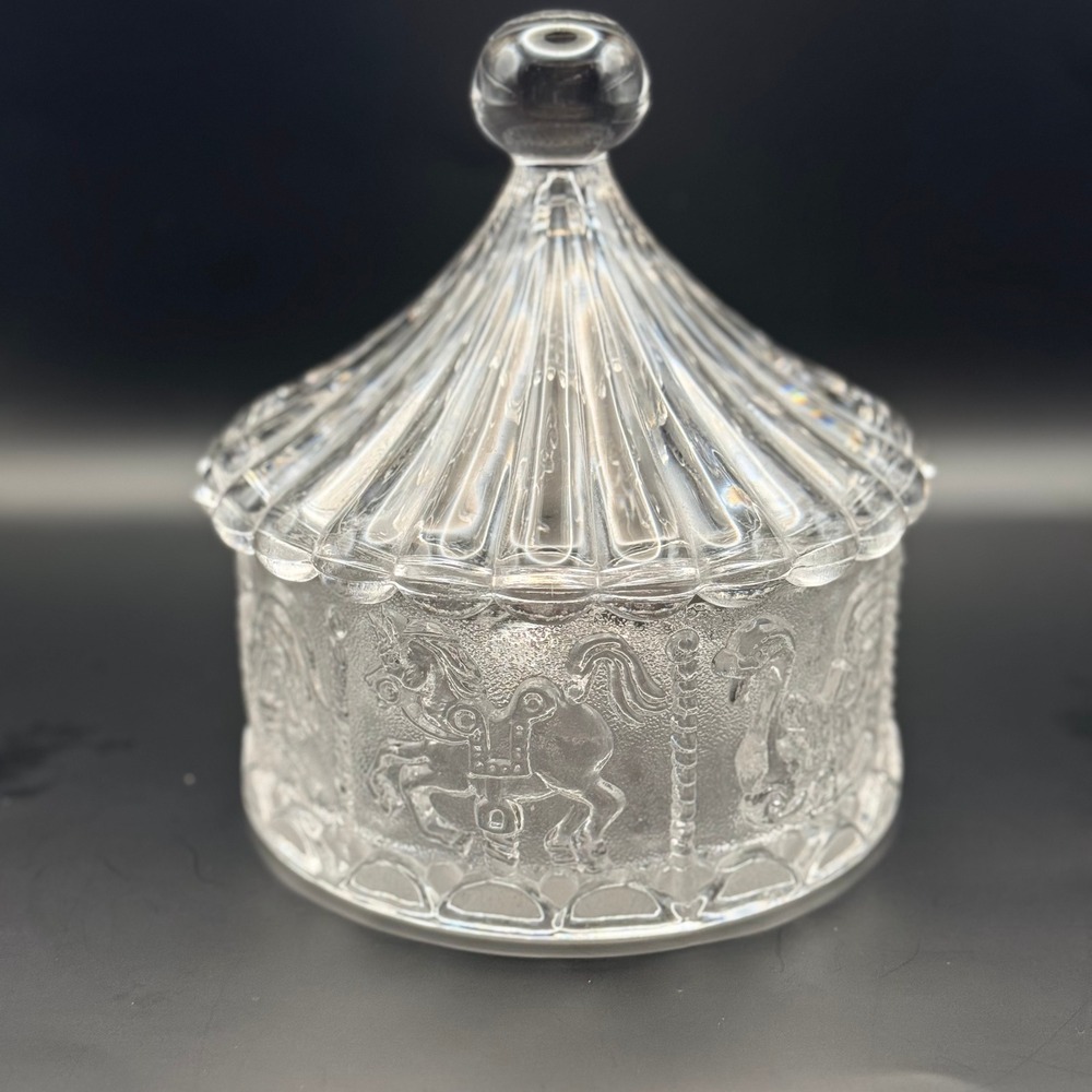 Vintage Carousel Horse Clear Pressed Glass Trinket Dish Candy Jar with Lid